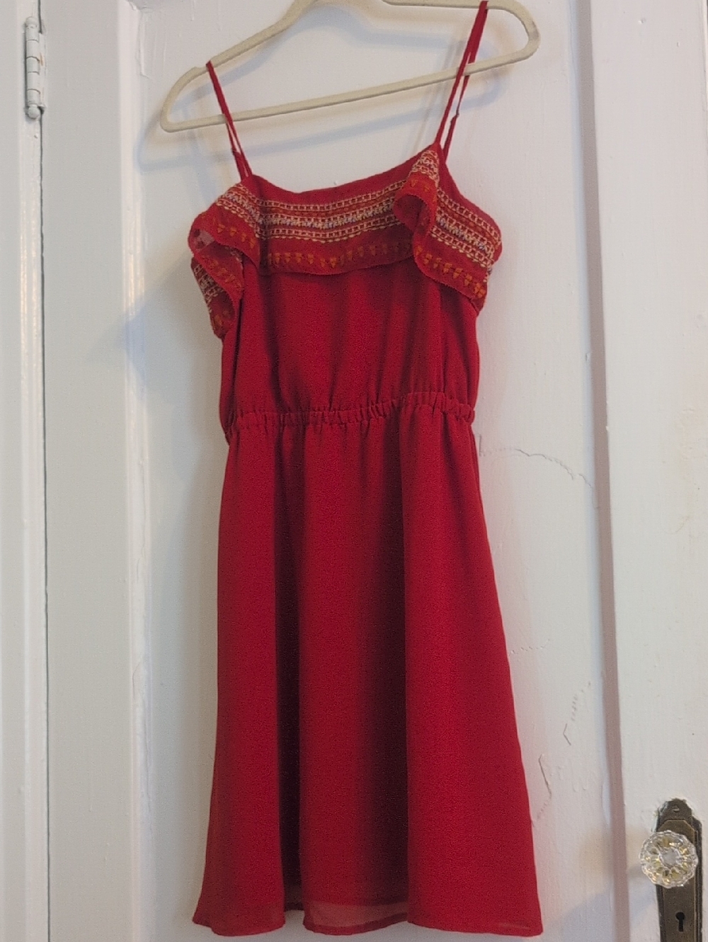 Pookie & Sebastian NYC Red Boho Mini Dress — Embroidered Ruffle Festival Dress-S